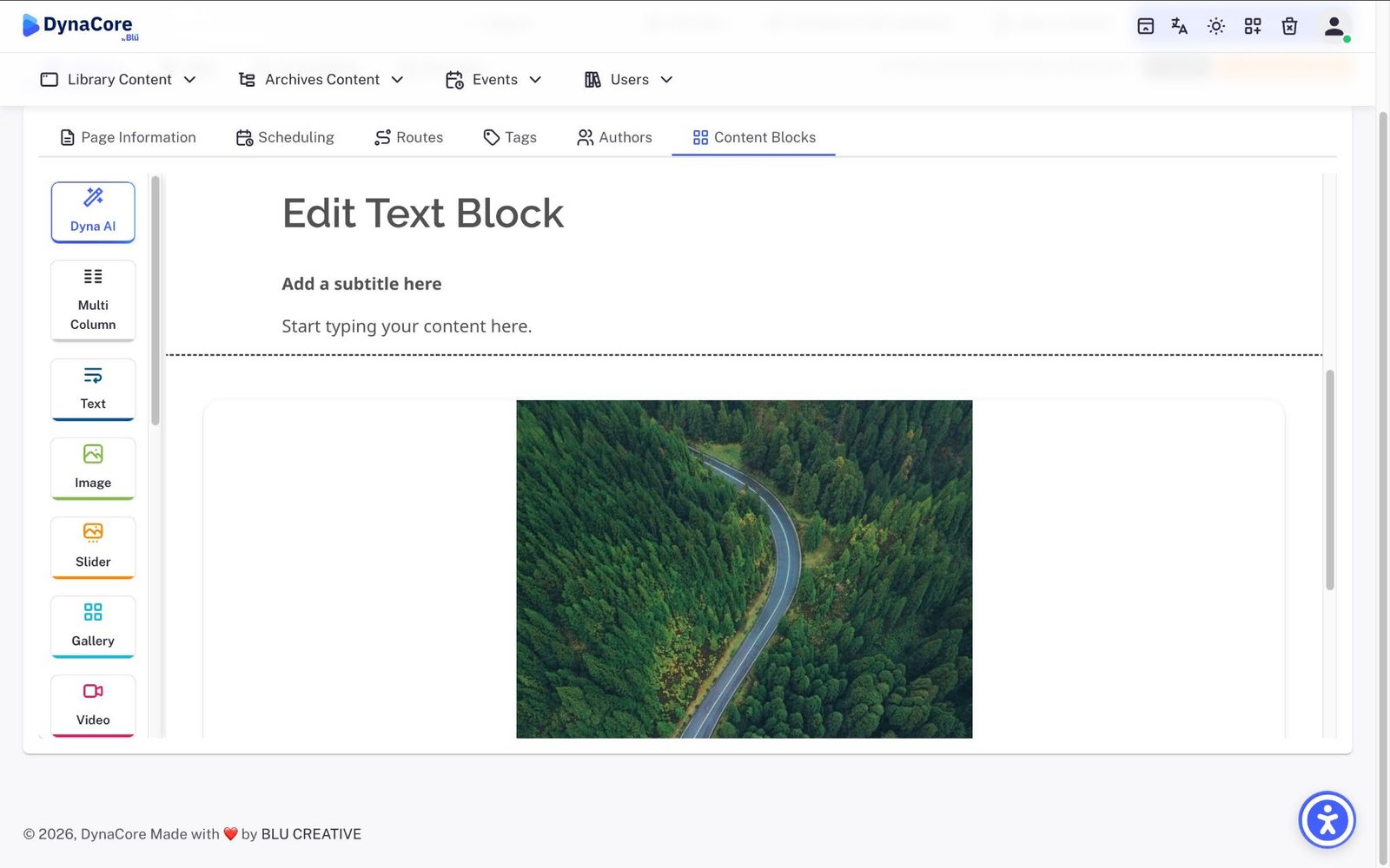 DynaCore block editor with text, image and gallery blocks