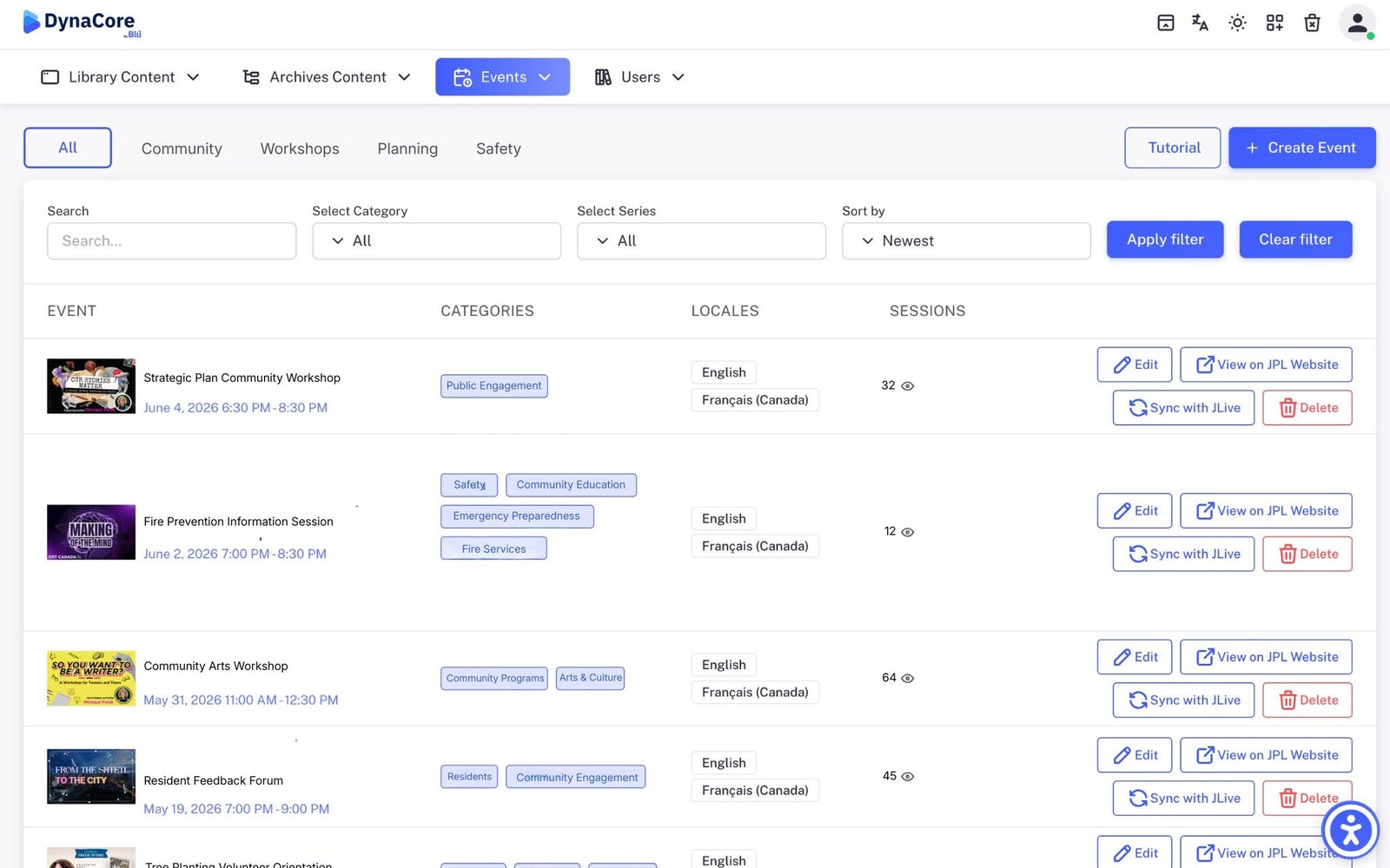 DynaCore events list with sync controls