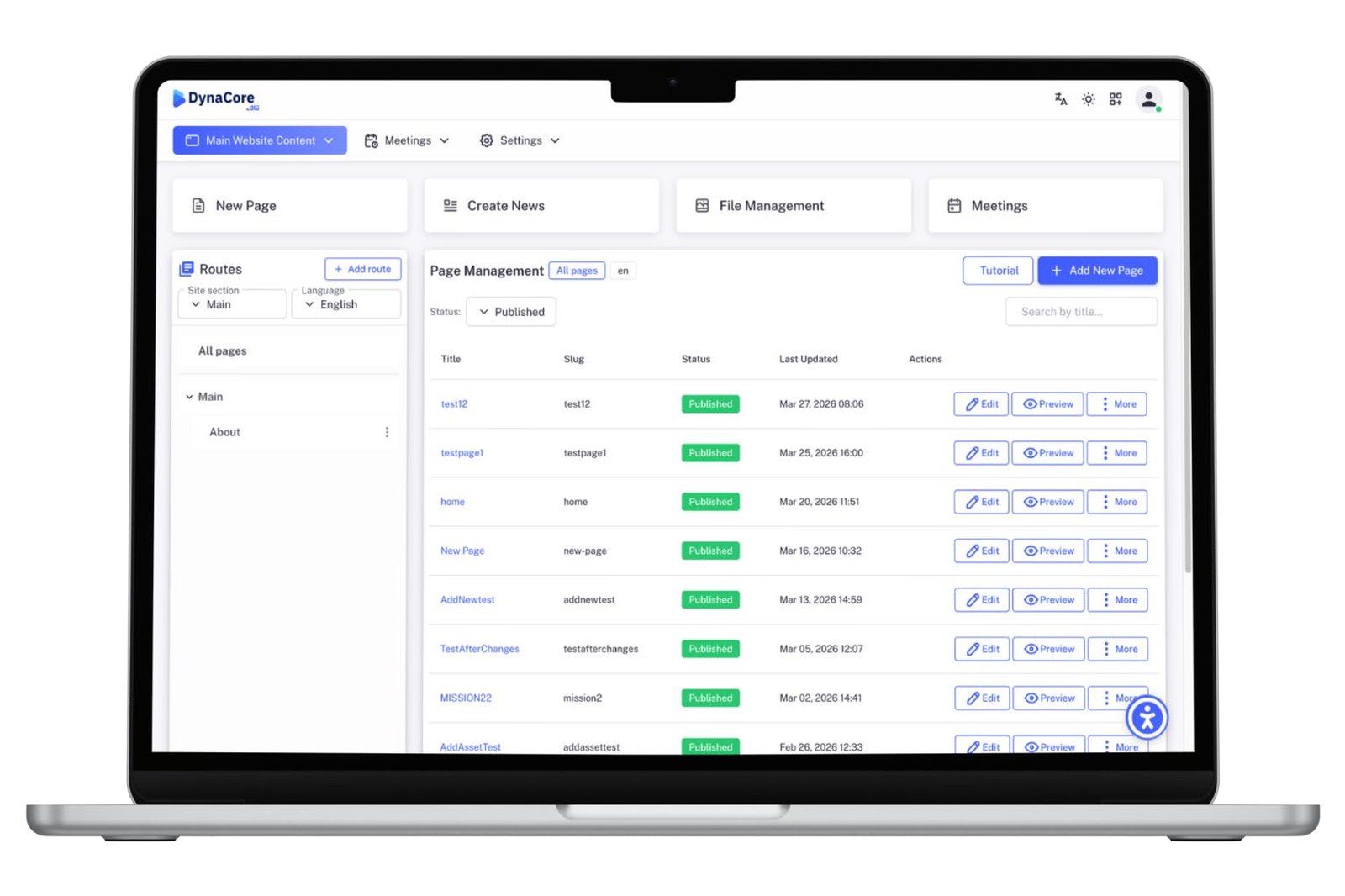 DynaCore page administration showing page status, last update and actions